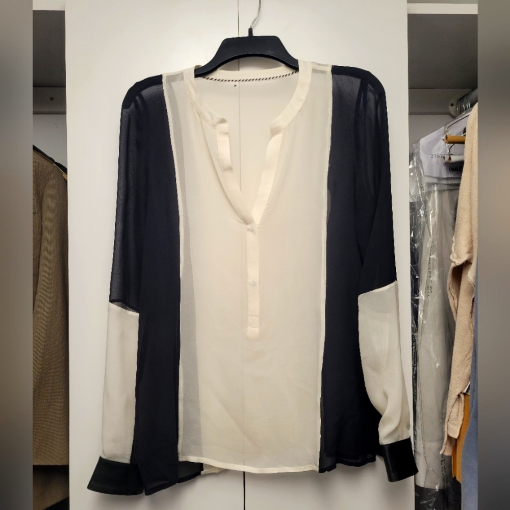 Sheer Cream & Black Long-sleeved Blouse